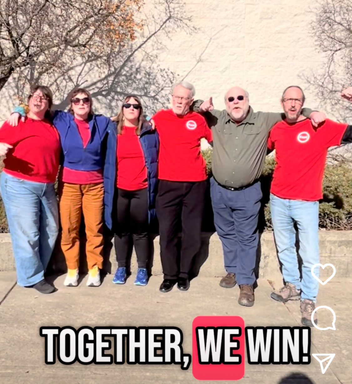 FAM NT with arms around each other, with a caption saying "TOGETHER, WE WIN!"